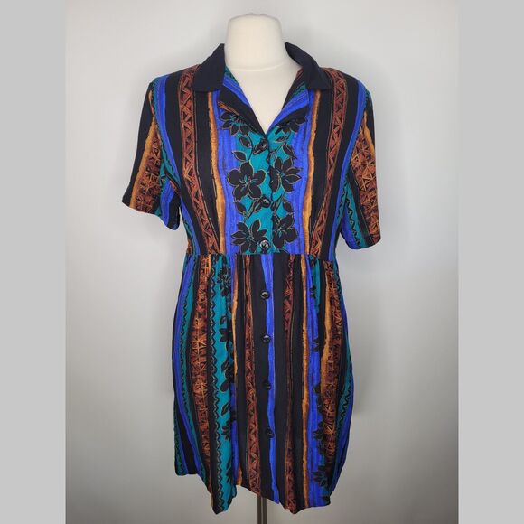 Vintage CASCAIS of CALIFORNIA Collared Dress Size 12 Geometric Short Sleeve USA - Picture 1 of 11